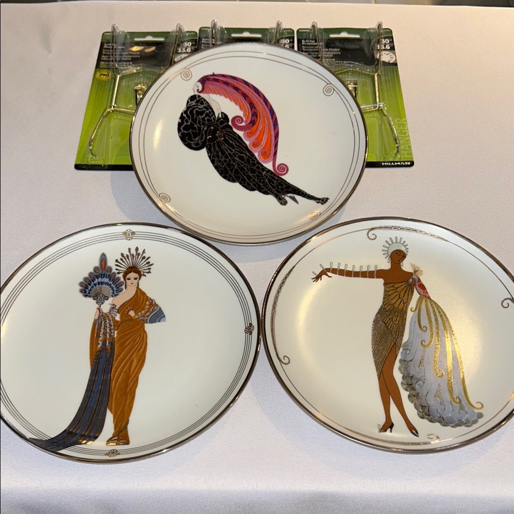 House of Erte THREE Collectable Plates Beauty Beast, Athen, Diva II + Hangers